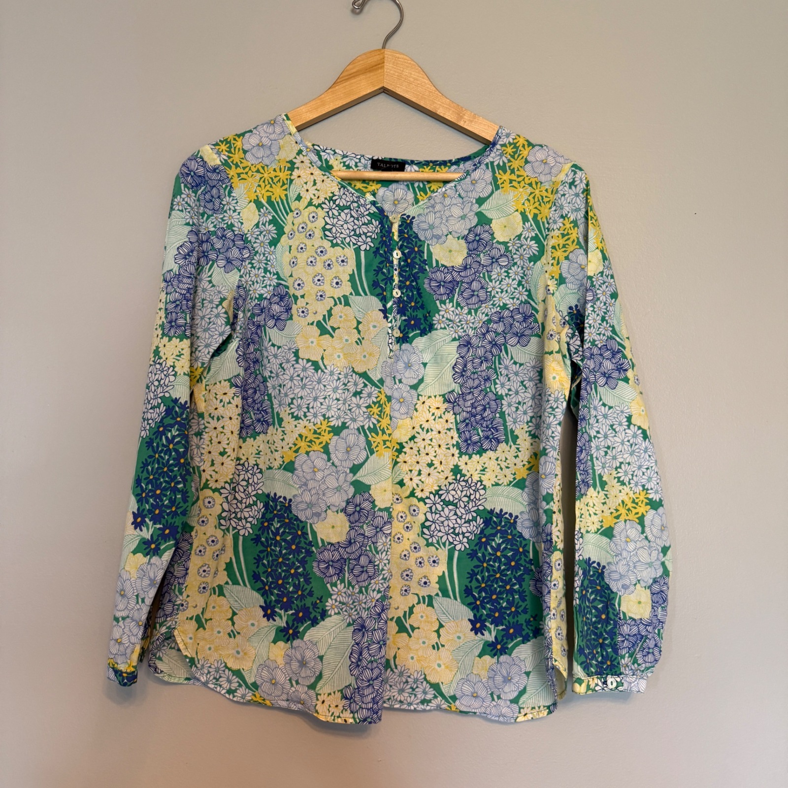 Talbots Womens Small Floral Cotton Henley Blouse Green Blue Yellow Peasant Boho